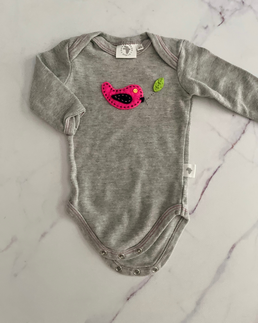Homegrown grey baby grow with pink bird 0/3M