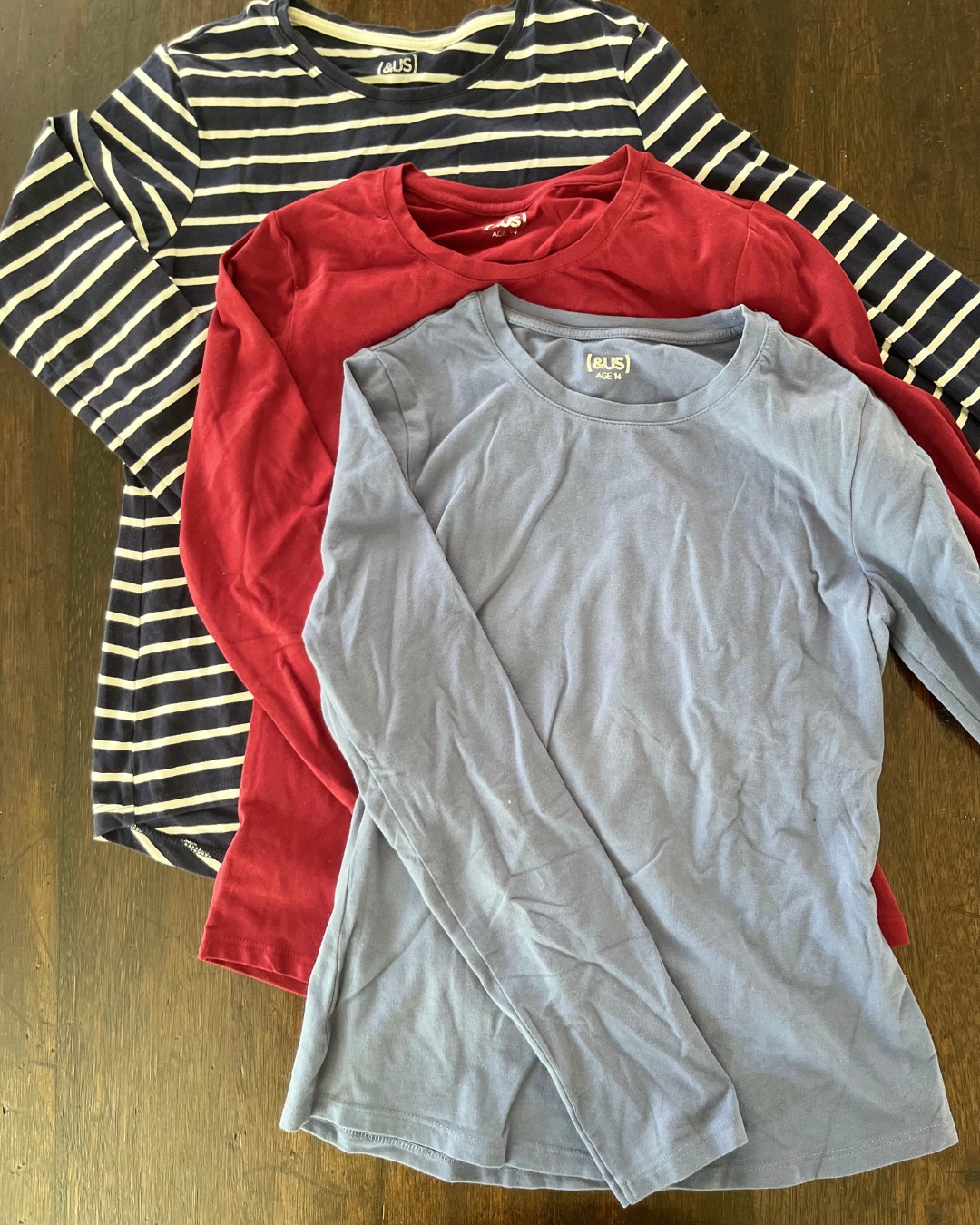 &US blue, blue and white striped and burgundy long sleeve T shirt set 14Y