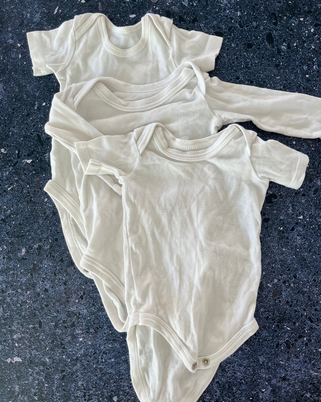Woolworths white short sleeve (2) and long sleeve (1) baby grow set 1/3M