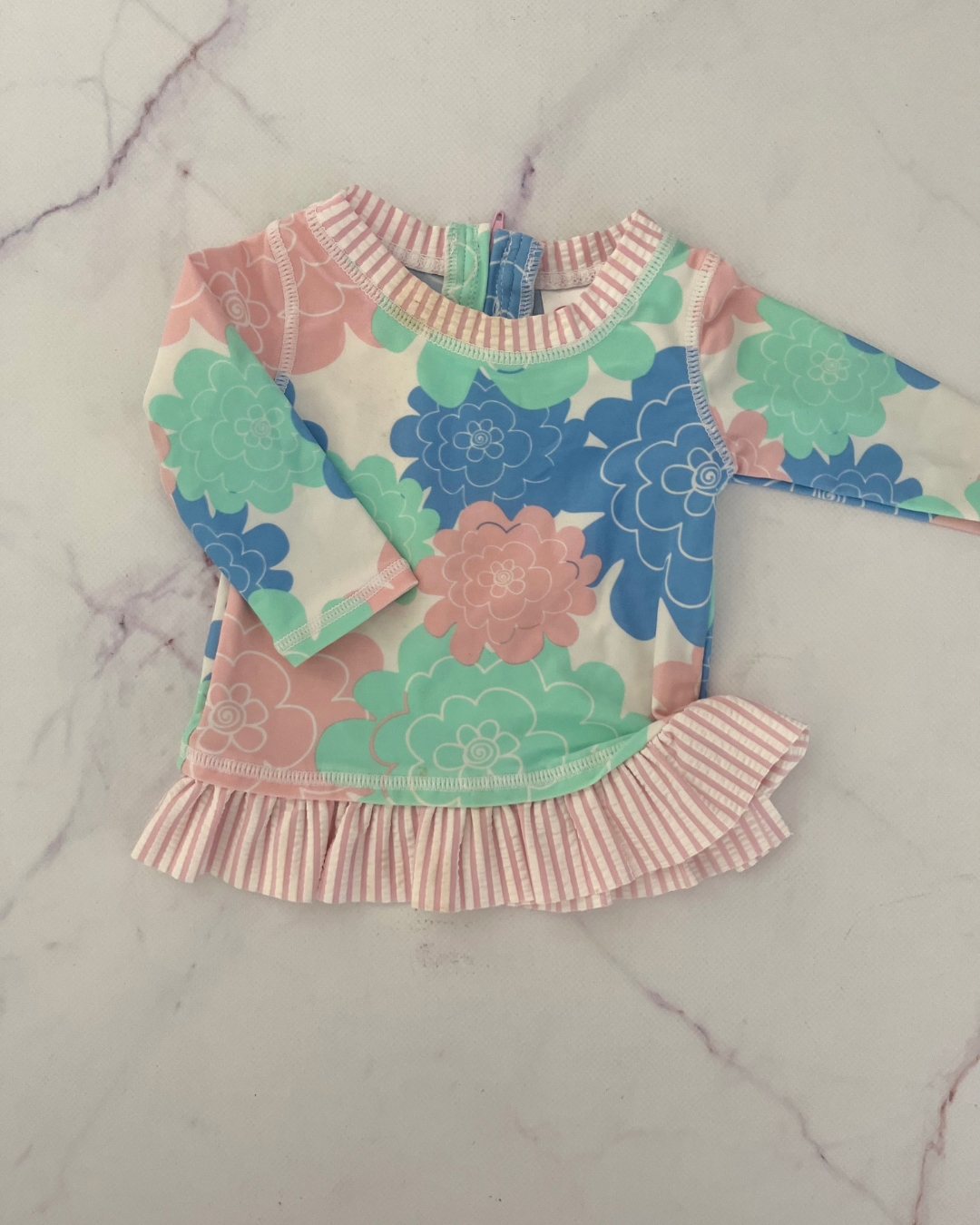 Ruffle Butts white flower swimming top 3/6M