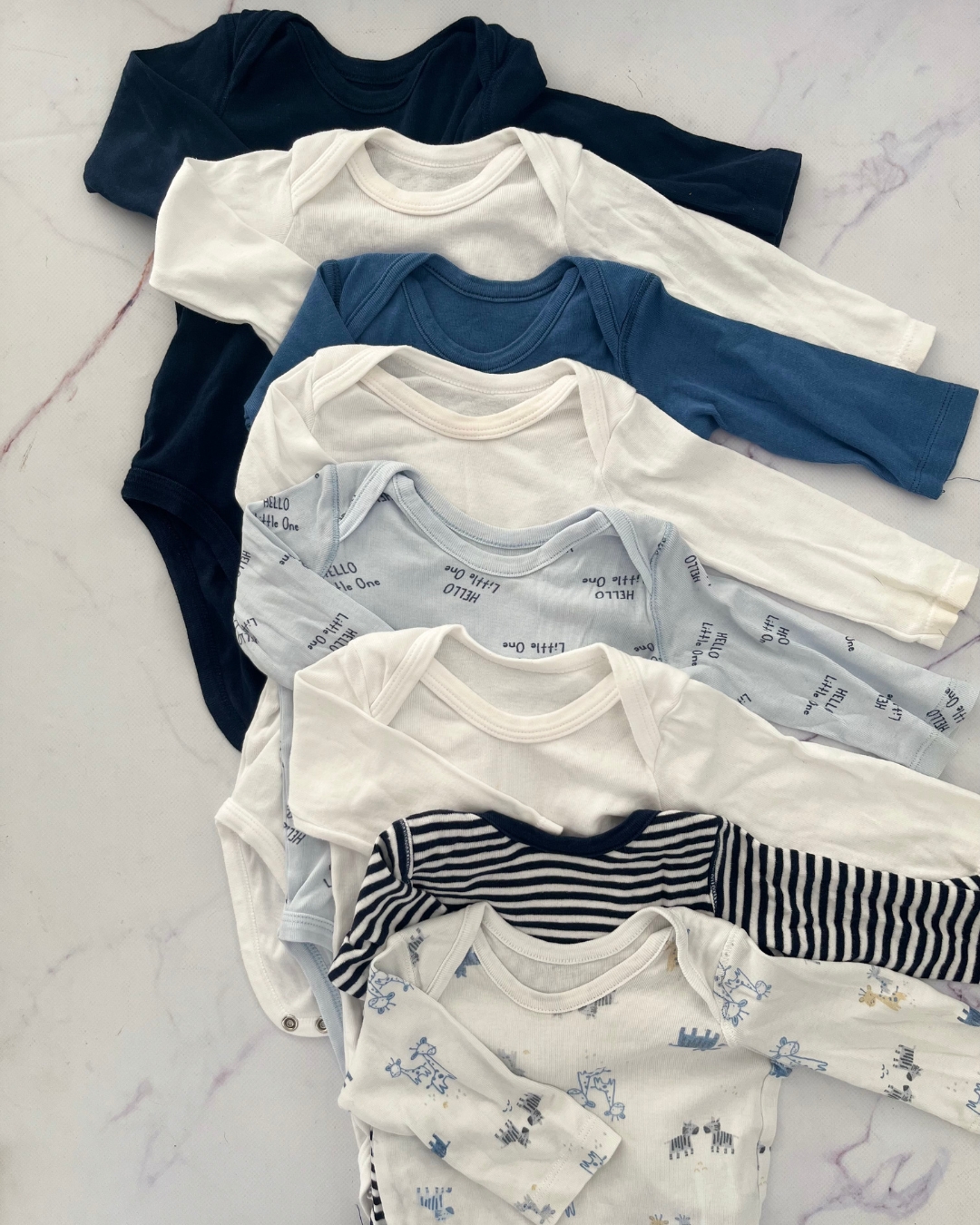 Woolworths white giraffe, blue and white striped, Hello Little One, White (3), navy and blue baby grow set 3/6M