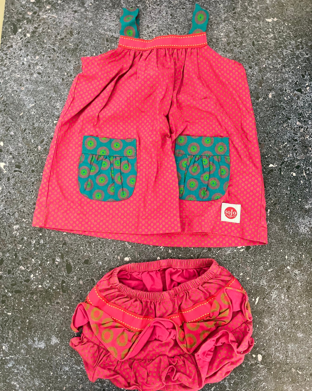 SoJo pink and turquoise dress and bloomer 6/12M