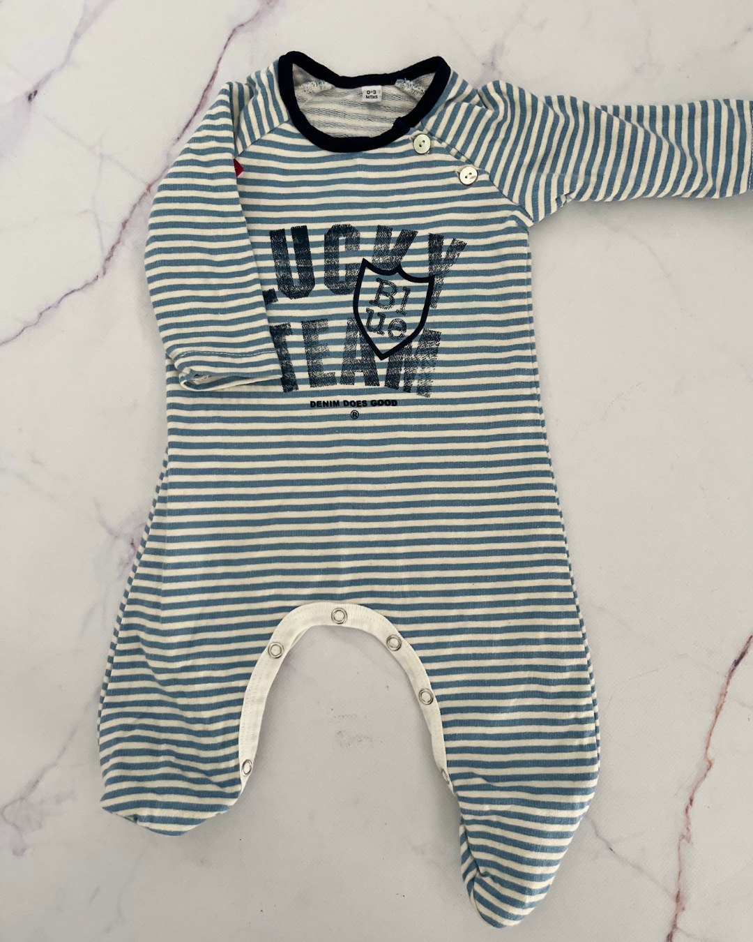 Lucky white and blue striped onesie 0/3M