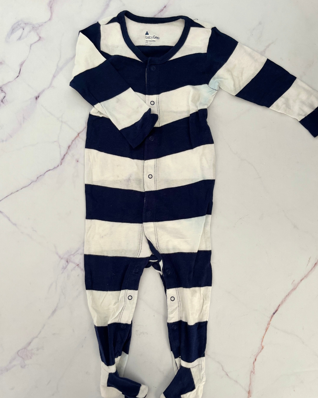 Gap blue and white large striped onesie 6/12M