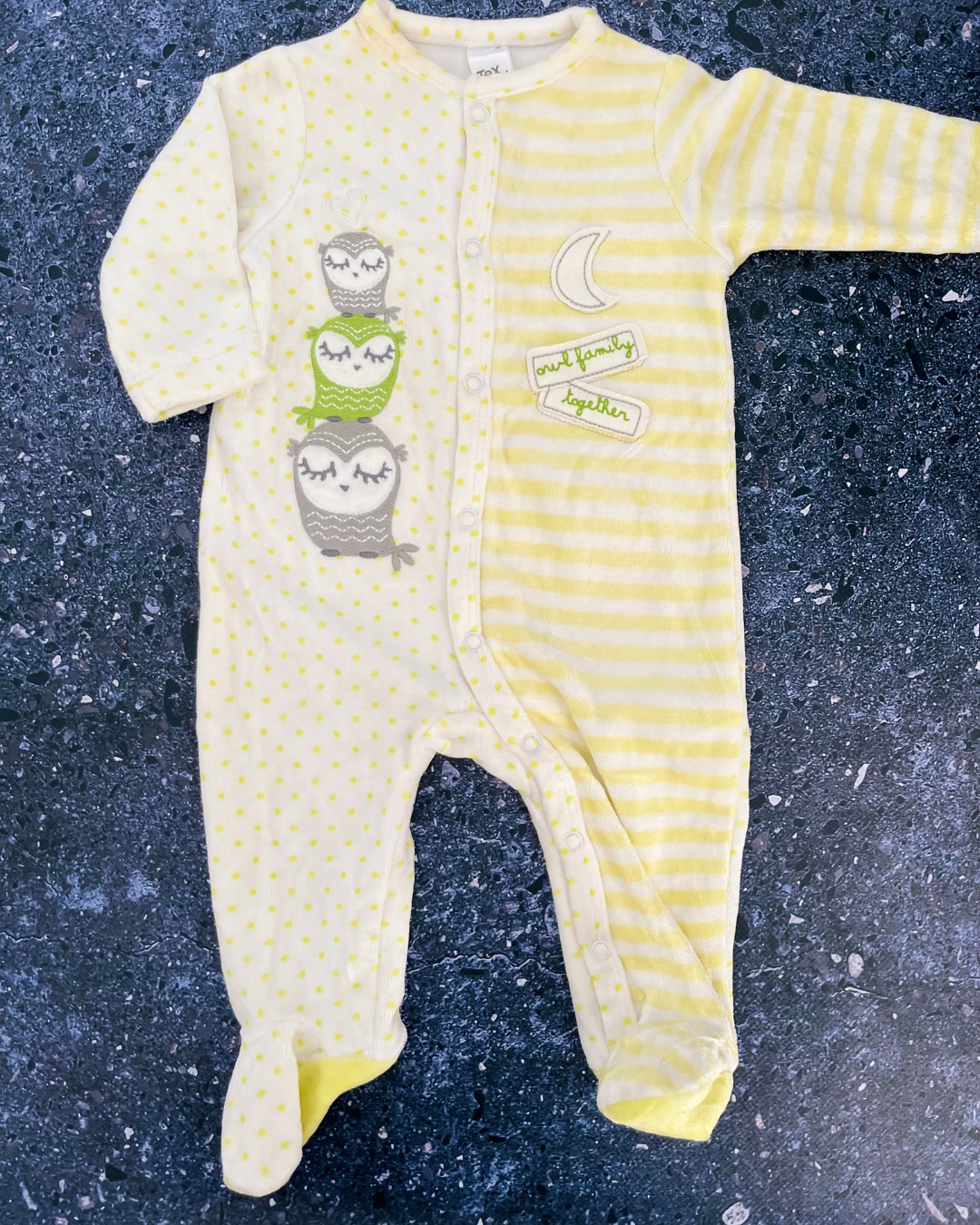 Tex yellow and white owl onesie 3M