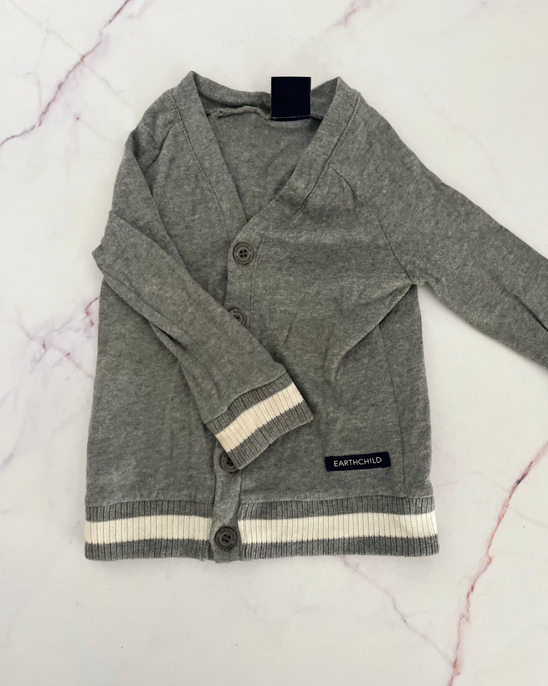 Earth Child grey cardigan with white trim 12/18M