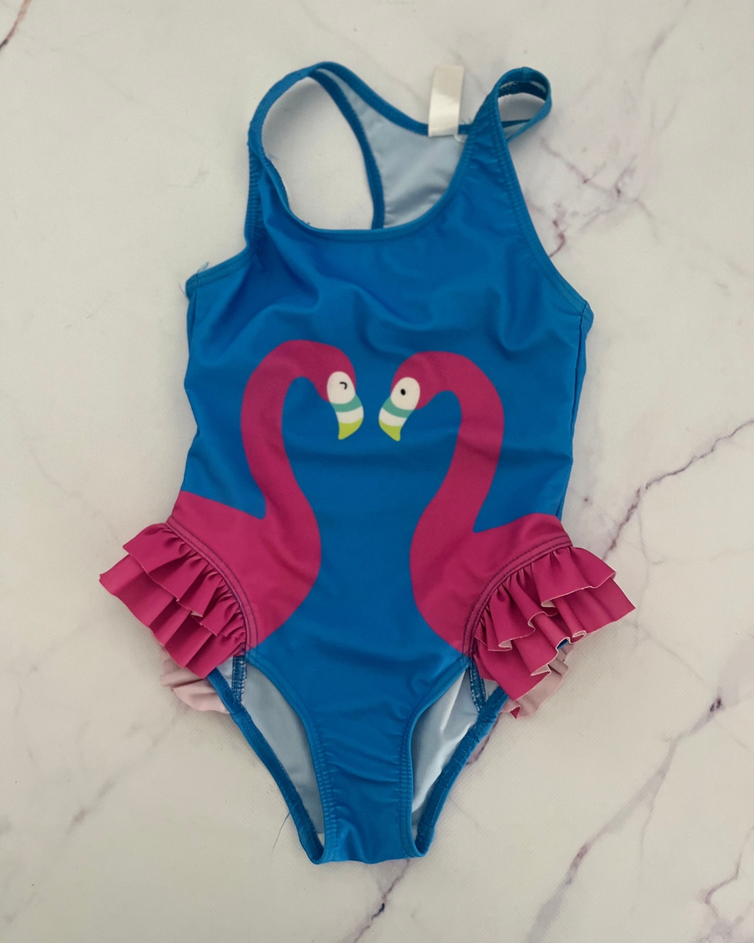 Qtee blue and pink flamingo swimming costume 4/5Y