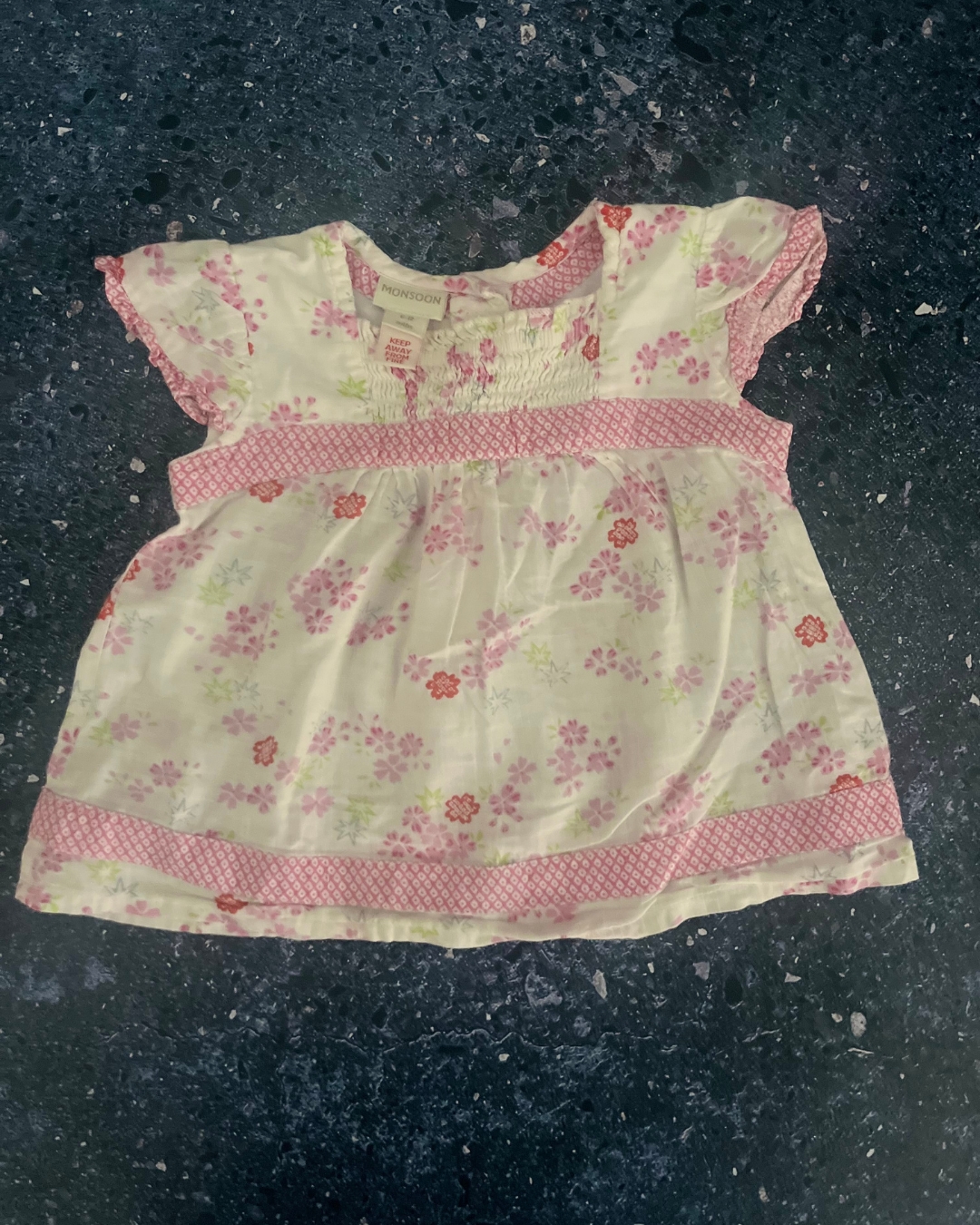 Monsoon white dress with pink flowers 6/12M