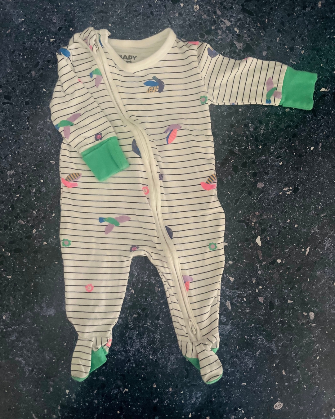 Cotton On white and striped birds onesie 0/3M