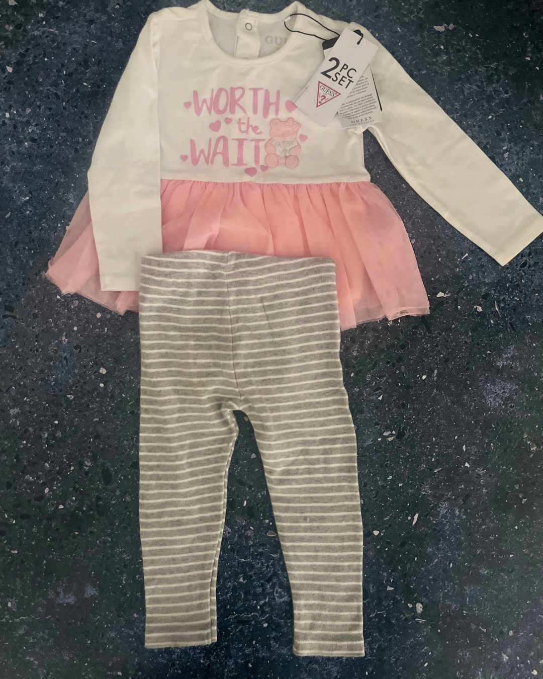 *NEW* Guess white and pink Worth the wait baby grow and pants 12M