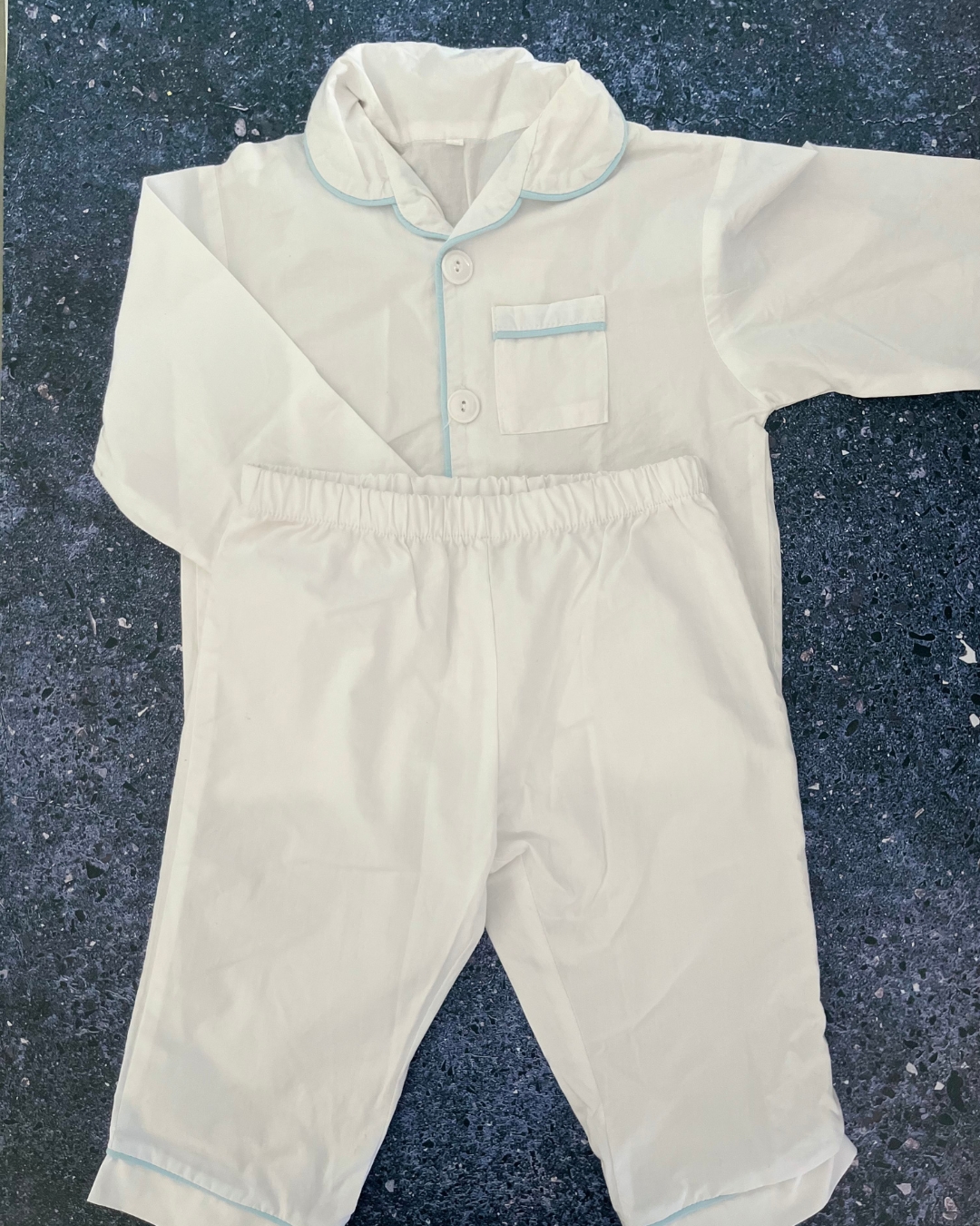 White pajama set with blue trim 3/4Y