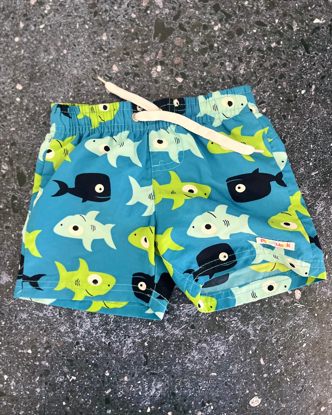 Pip Squeak blue shark board shorts 0/6M