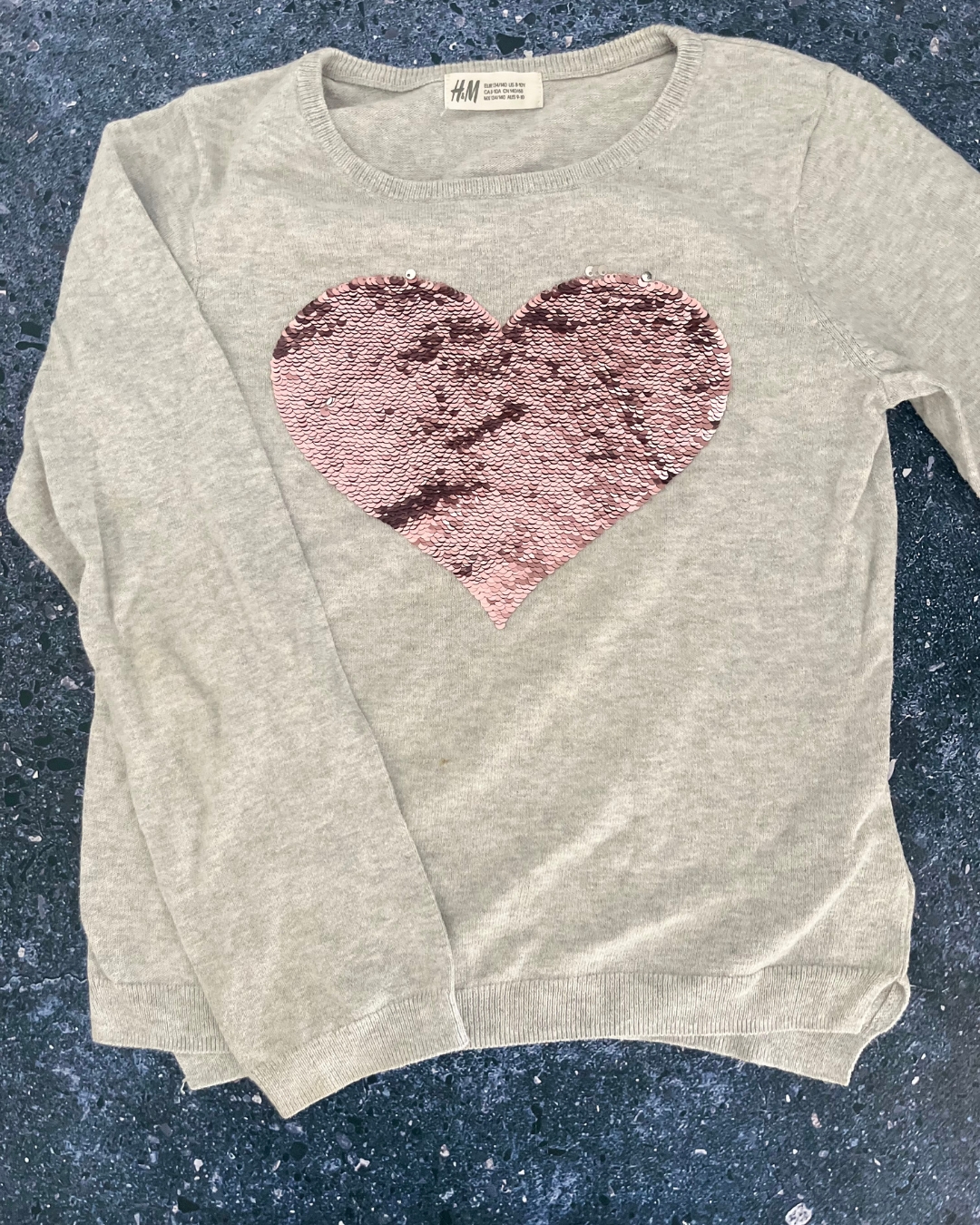H&M grey sequin heart sweater 8/10Y