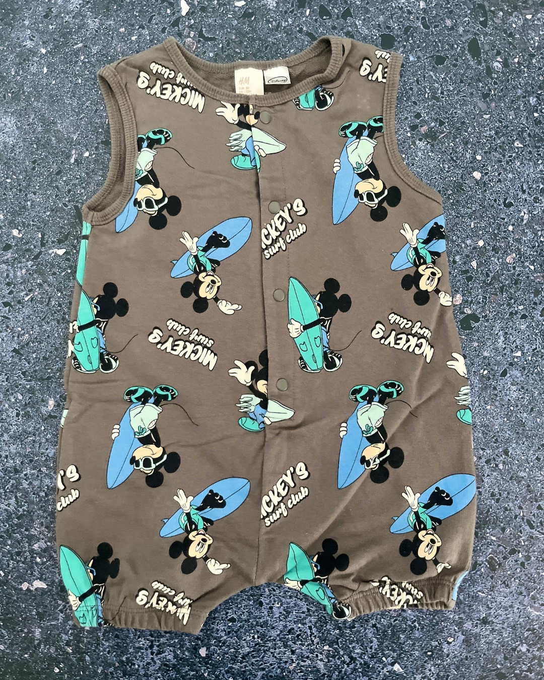 H&M grey Mickey's Surf Club romper 9/12M