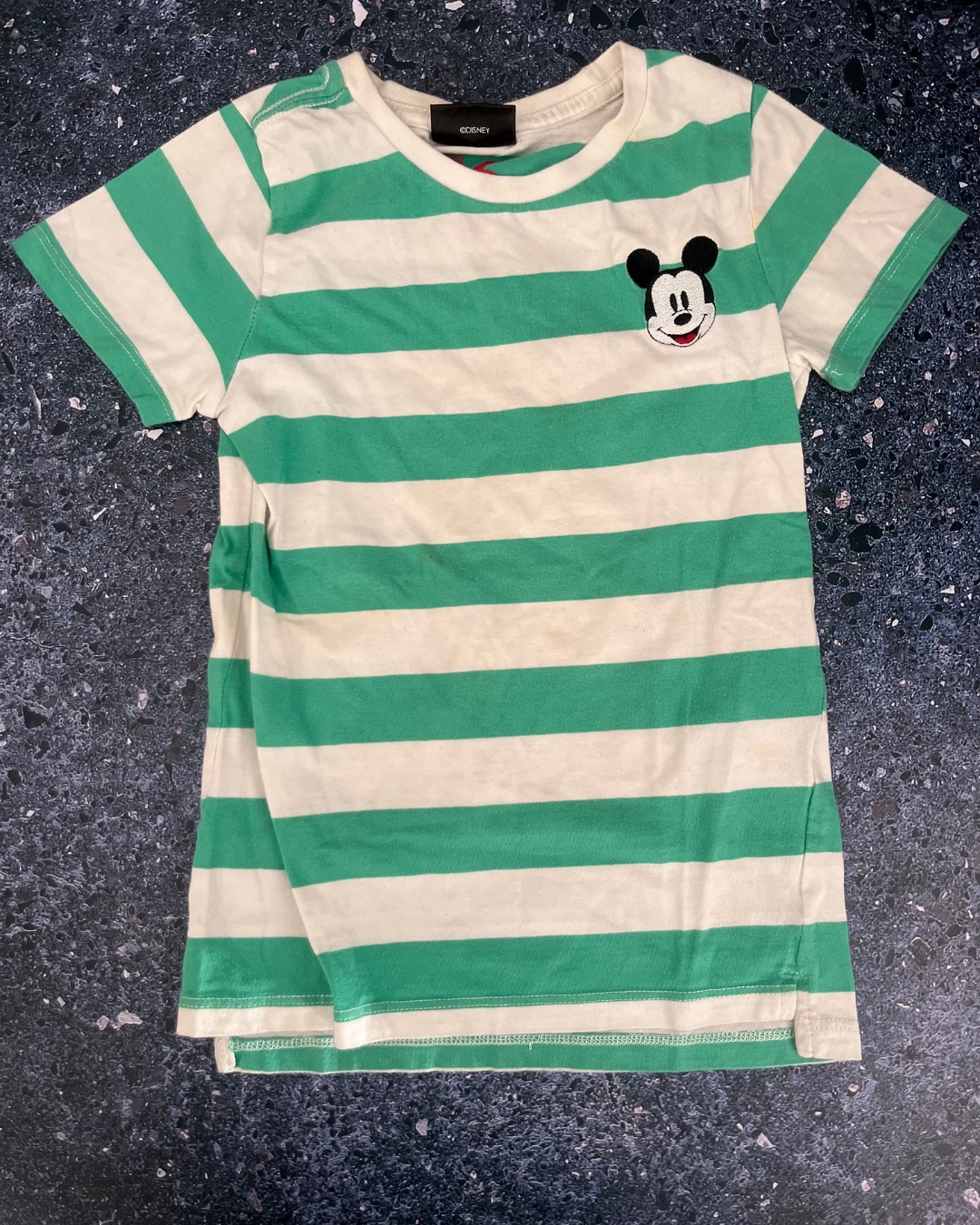Cotton On green and white striped Mickey Mouse T shirt 6Y
