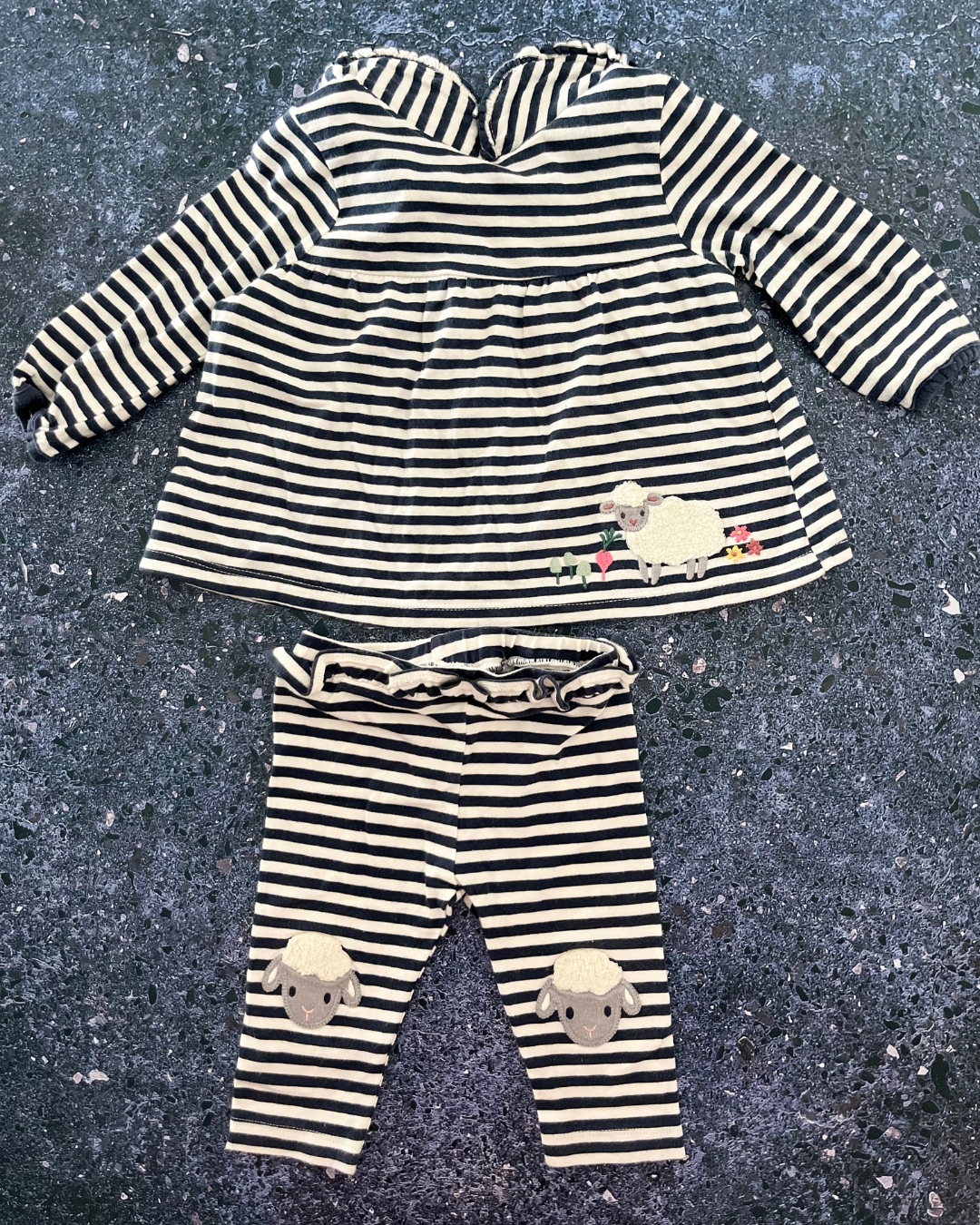 John Lewis blue and white striped sheep top and pants 3/6M