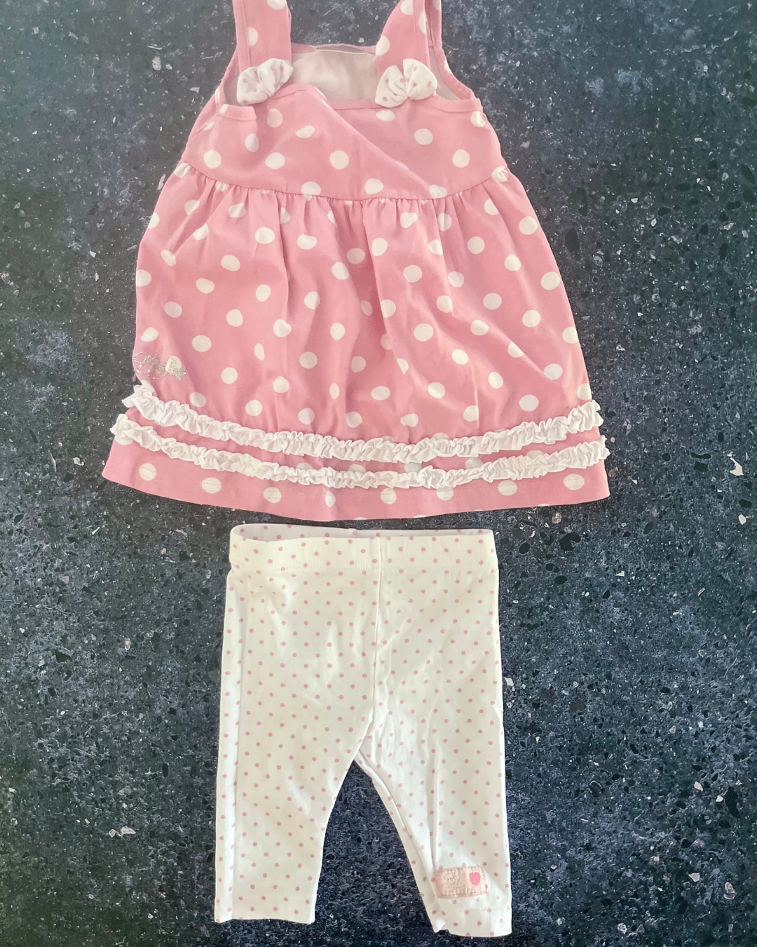 Naartjie white polka dot dress with pink pants 3/6M
