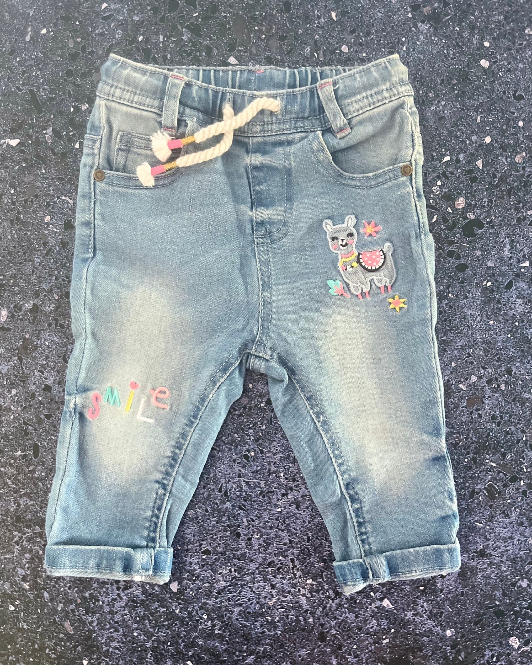 Woolworths blue denim llama Smile jeans 3/6M