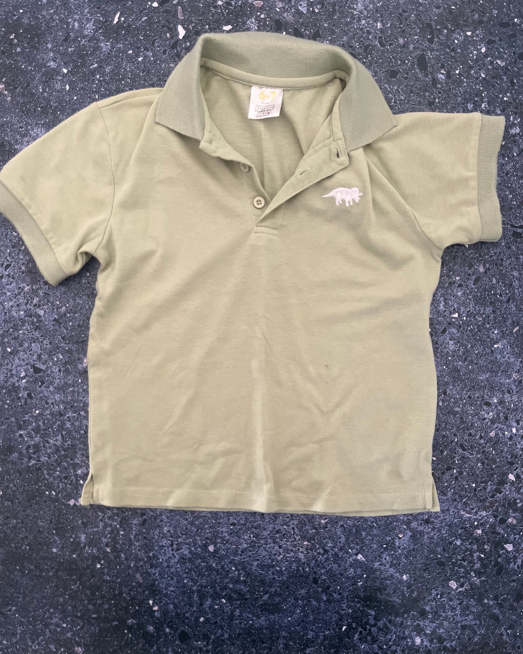 Future Hero green collared triceratops shirt 6/7Y
