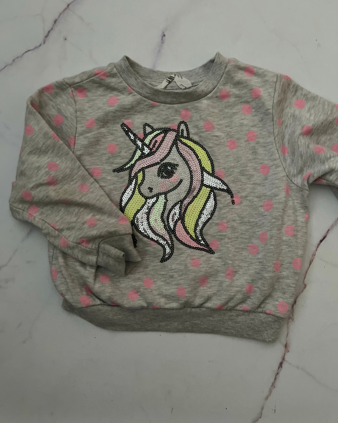 H&M grey polka dot sequin unicorn sweater 2/3Y