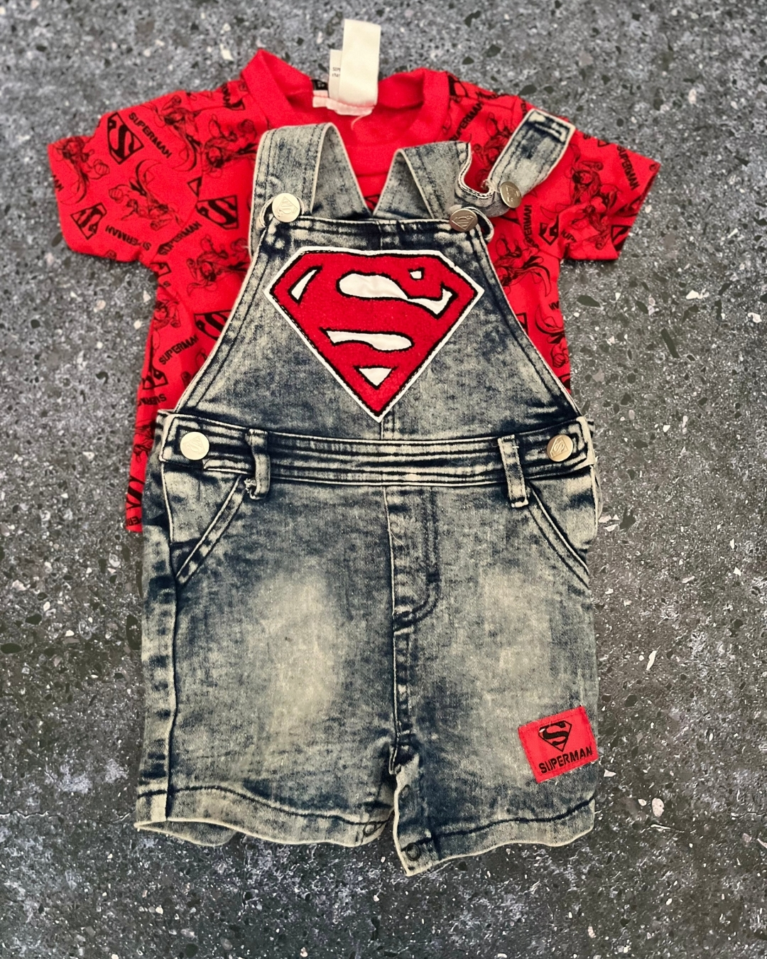Superman denim romper and red T shirt 3/6M