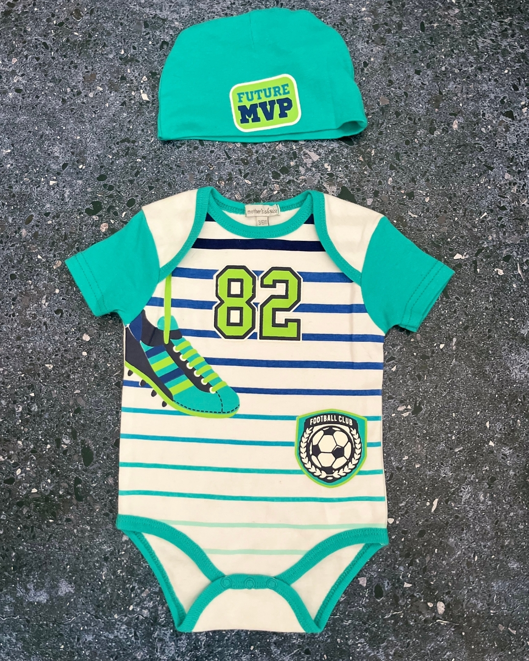 Mothers Choice green soccer baby grow and beanie 3/6M