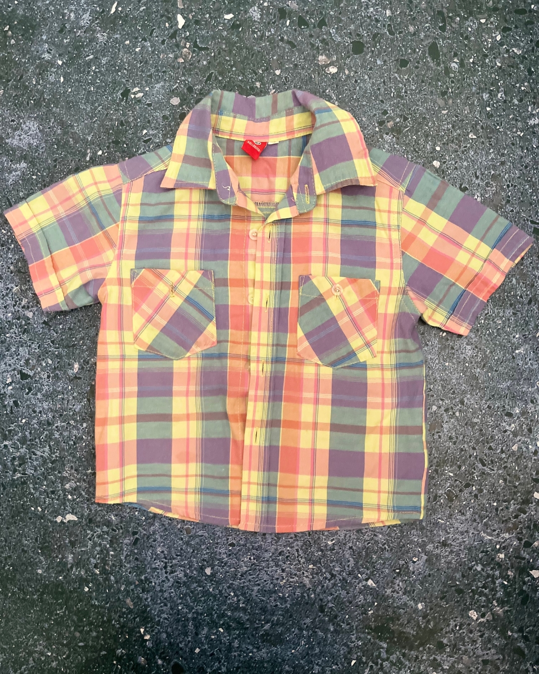 Bulldozer yellow, pink and blue checked collared shirt 2/3Y