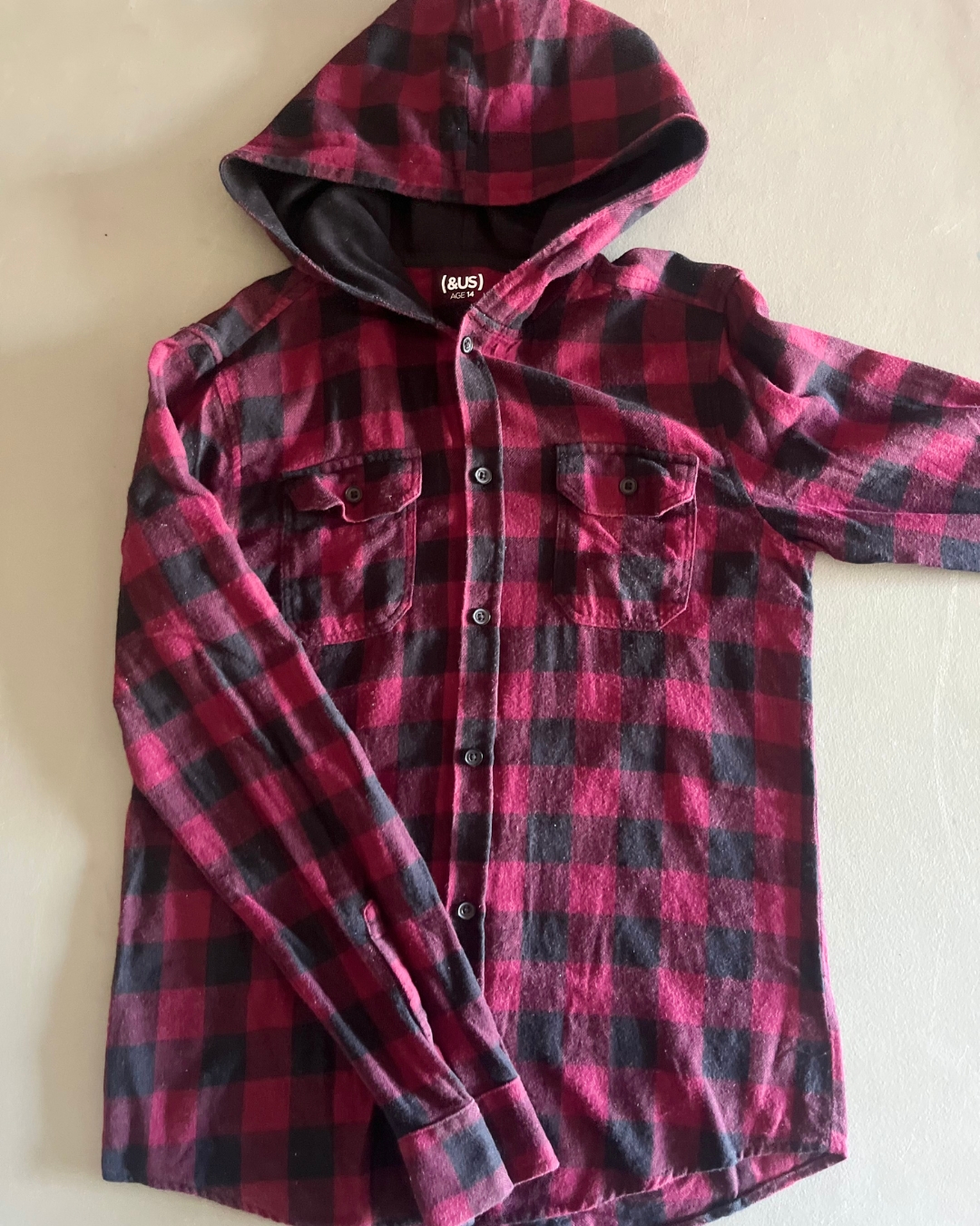 &US purple and black checked collared shirt with hood 14Y