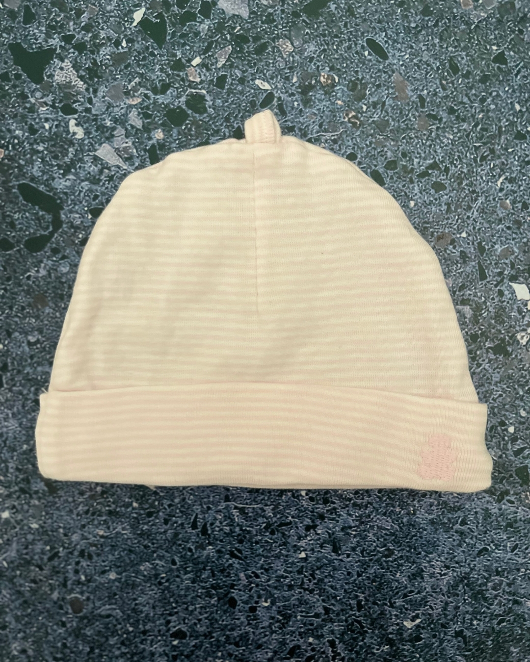 Woolworths pink and white striped and white hearts beanie set 6/12M