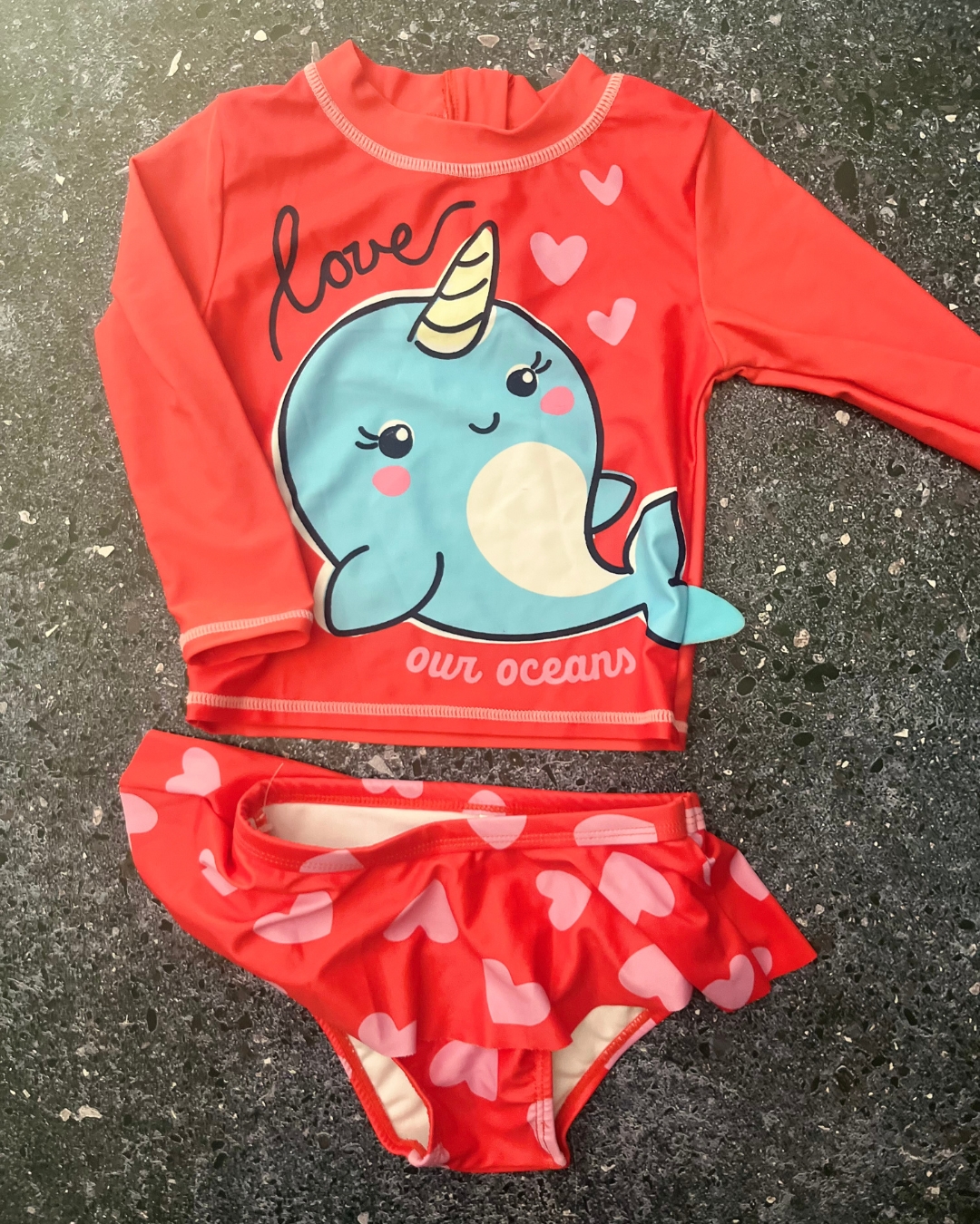 Woolworths red hearts whale swimming costume set 12/18M