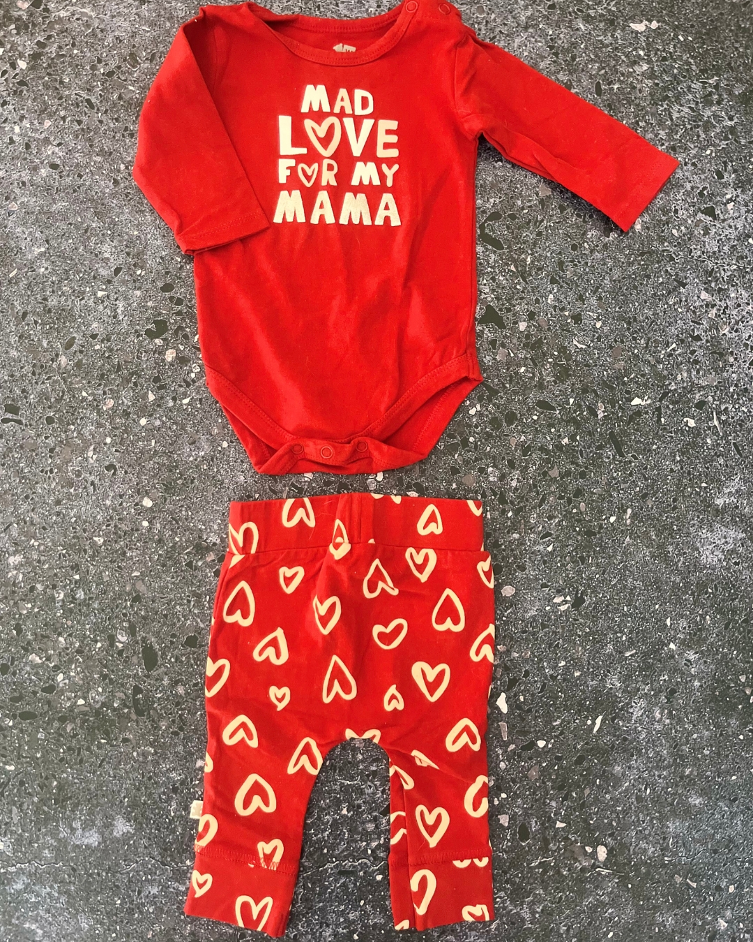 Woolworths red Mad Love for Mama baby grow and pants 1/3M