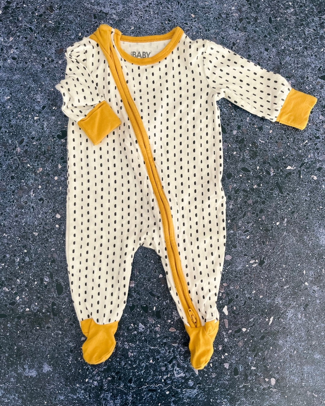 Cotton On white polka dot onesie with yellow trim 0/3M