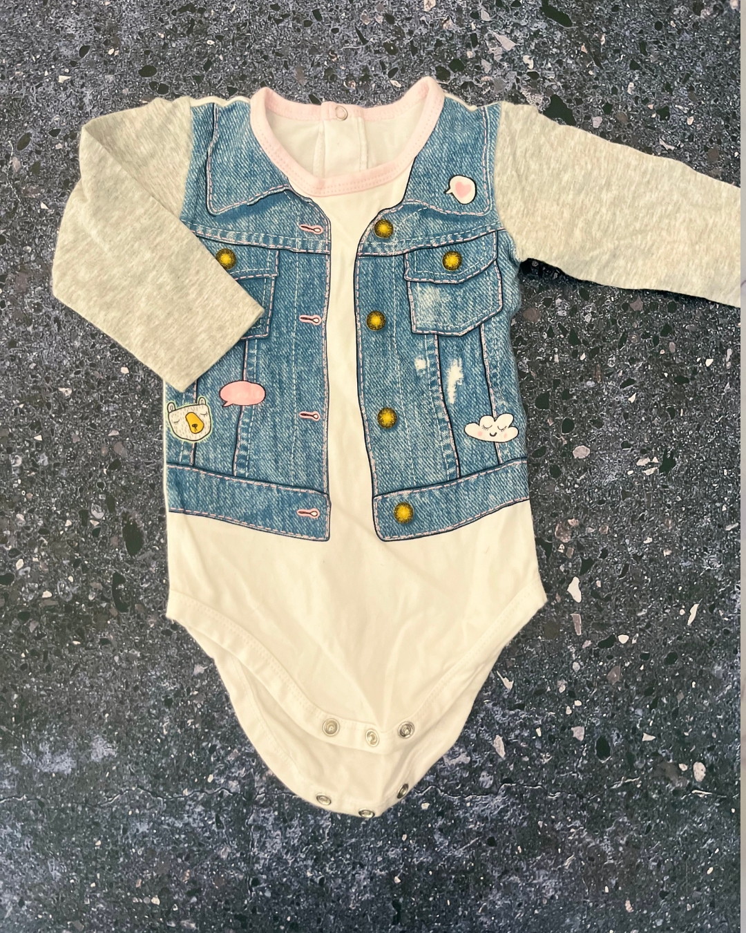 Woolworths white denim jacket print baby grow 3/6M