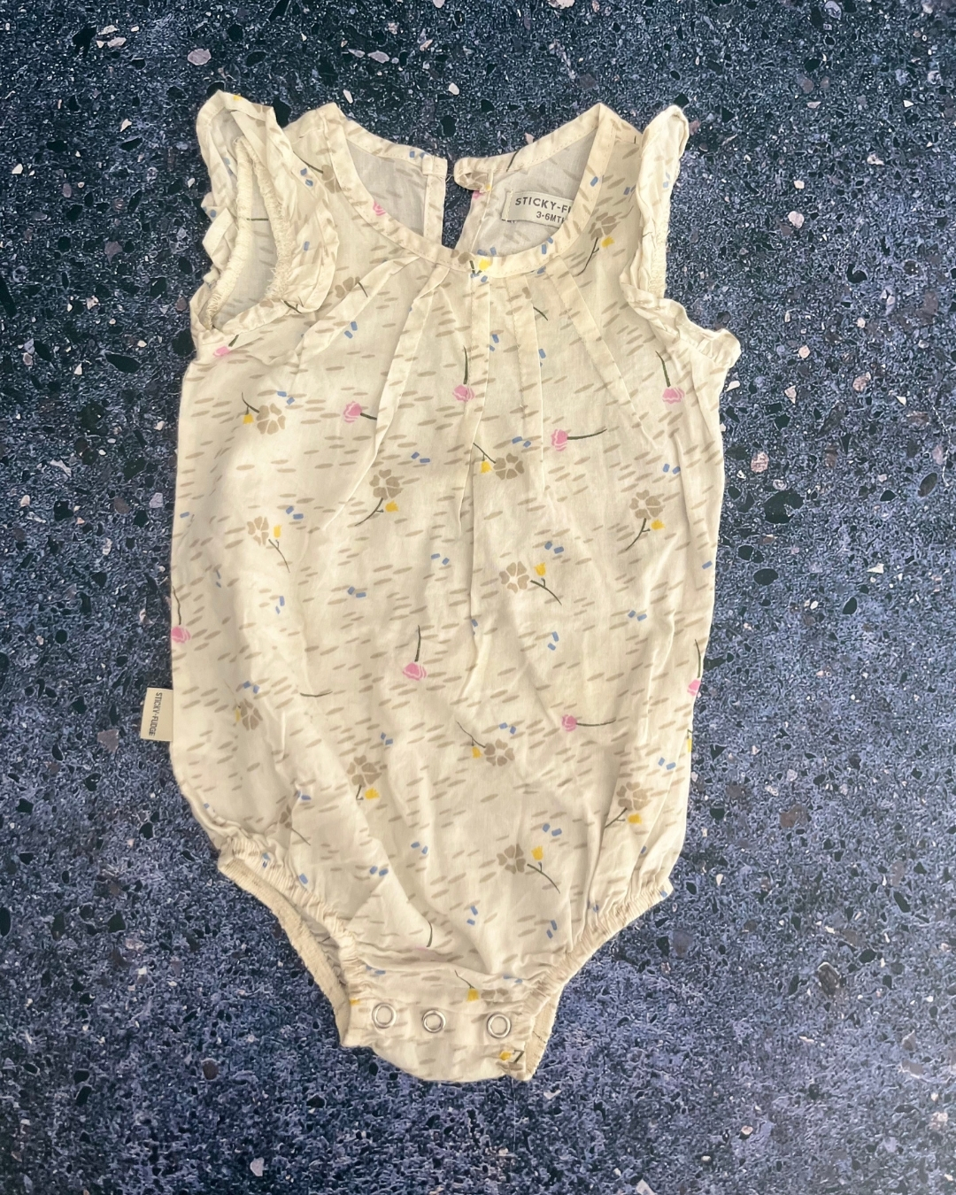 Sticky Fudge beige floral baby grow 3/6M