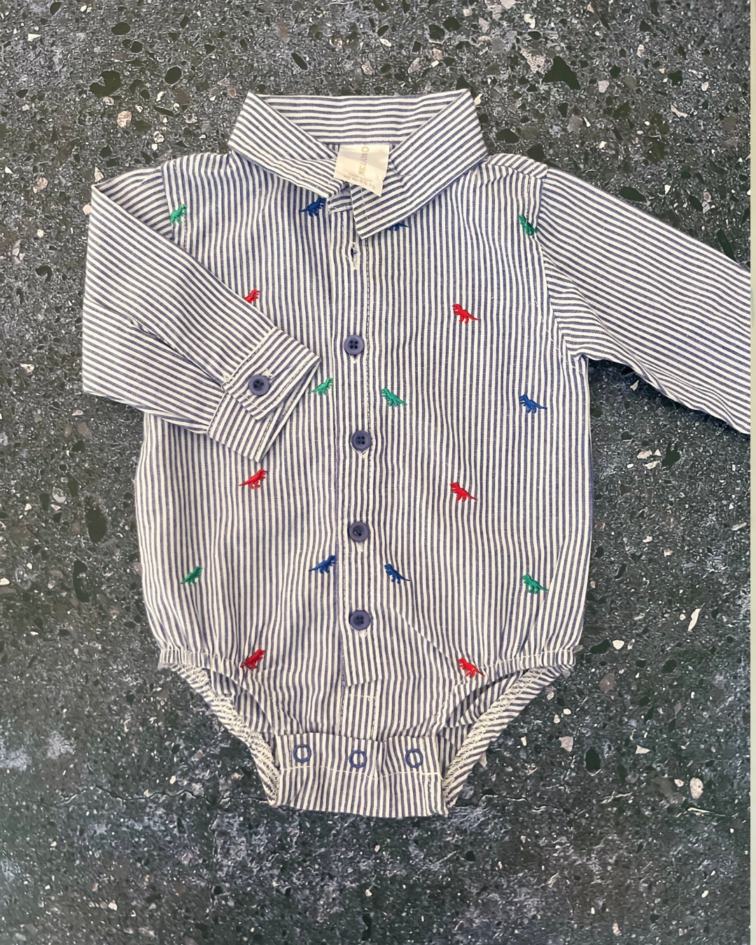 Clicks blue and white striped dinosaur collared baby grow Newborn