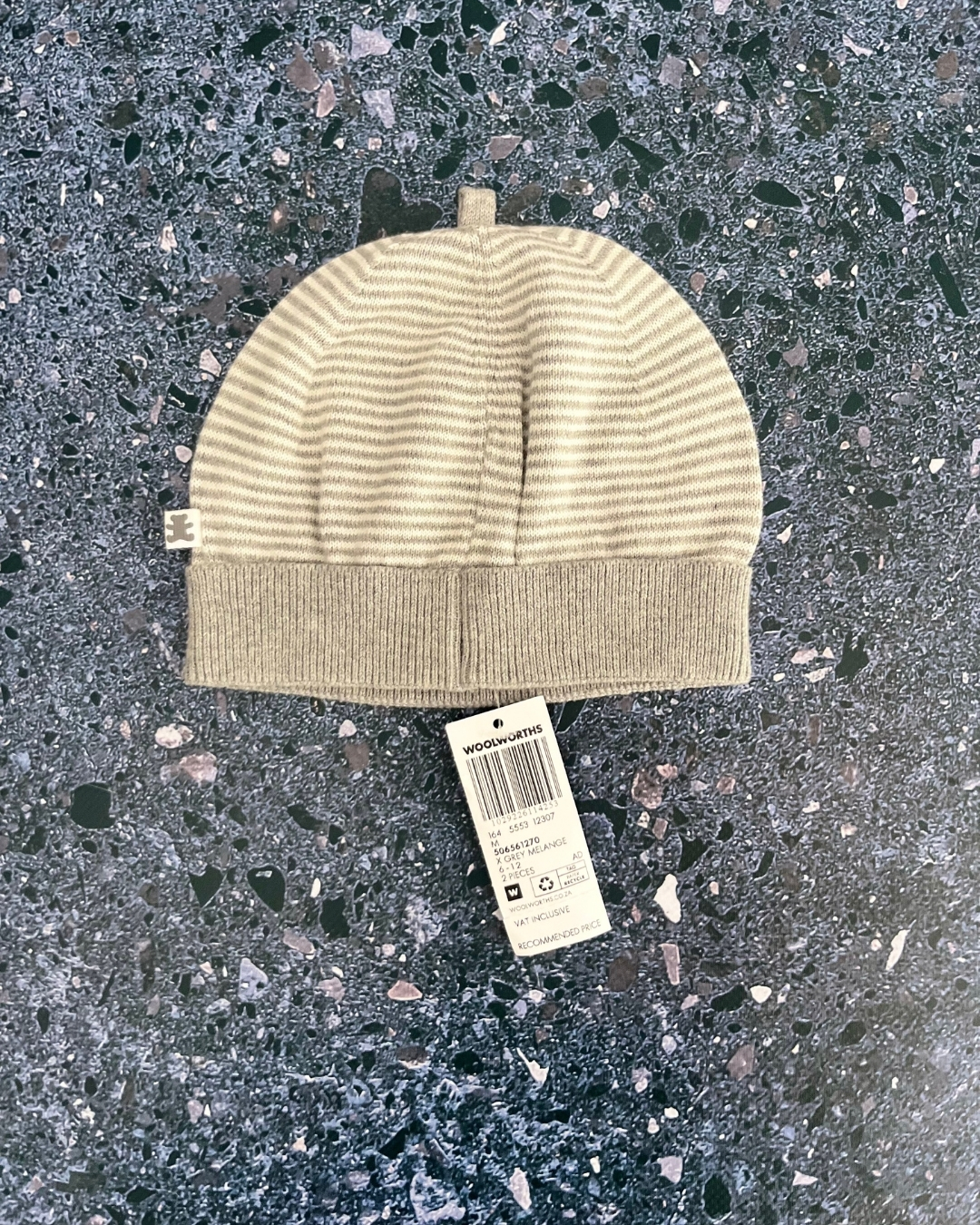 *NEW* Woolworths grey and white striped beanie 6/12M