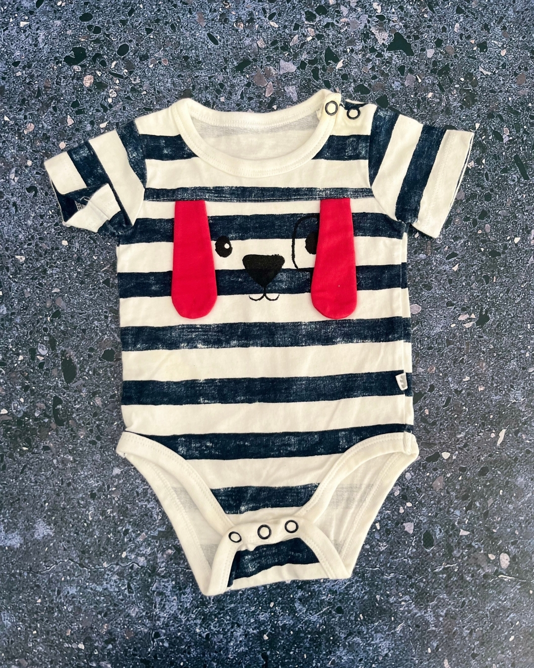 Woolworths blue and white striped dog baby grow 1/3M