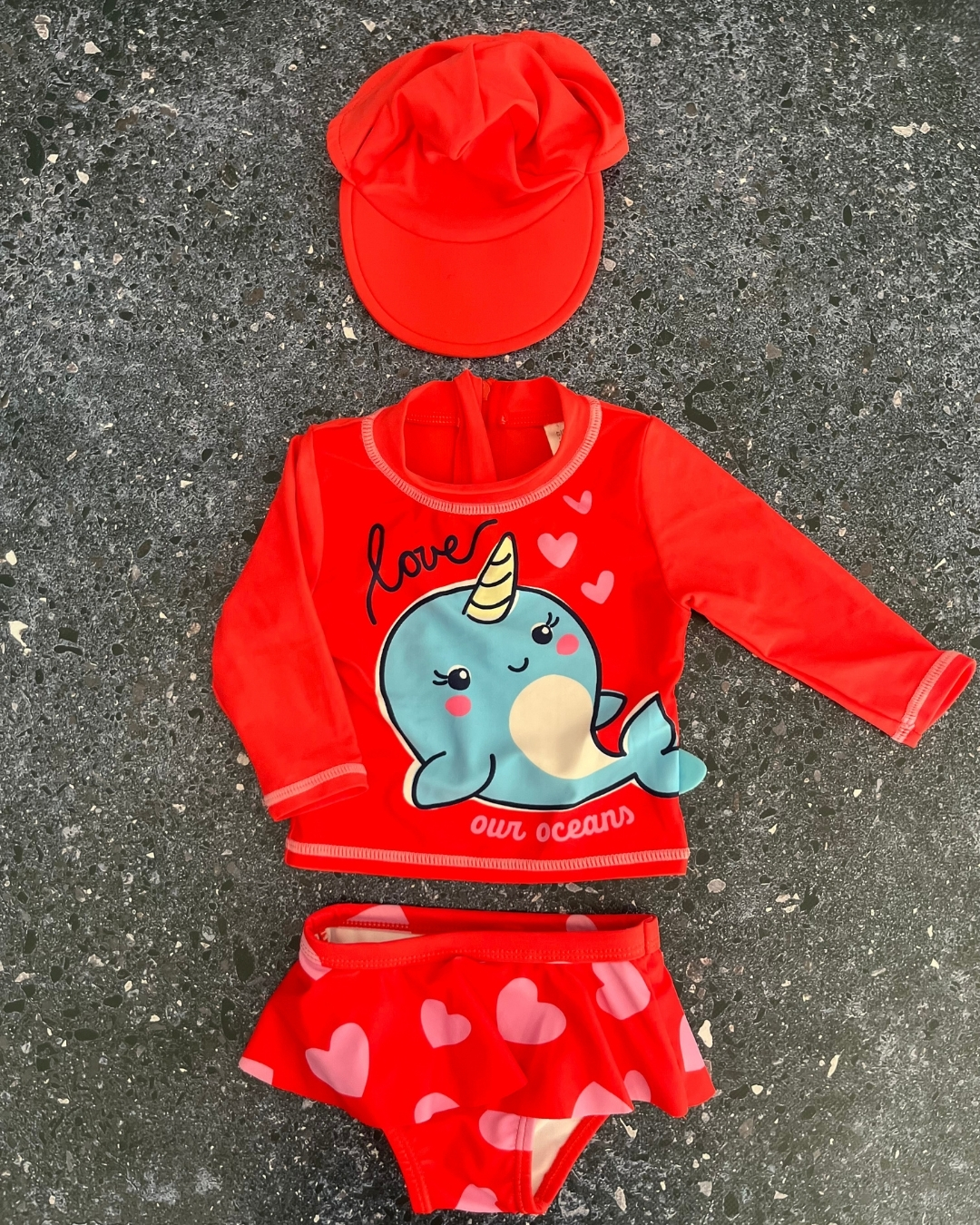 Woolworths red whale swimming top, bottoms and hat 1/3M