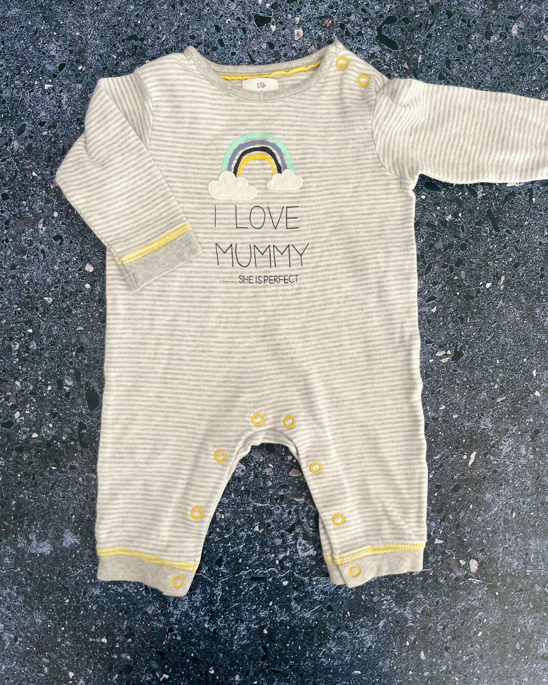 John Lewis grey striped I Love Mummy romper 0/3M