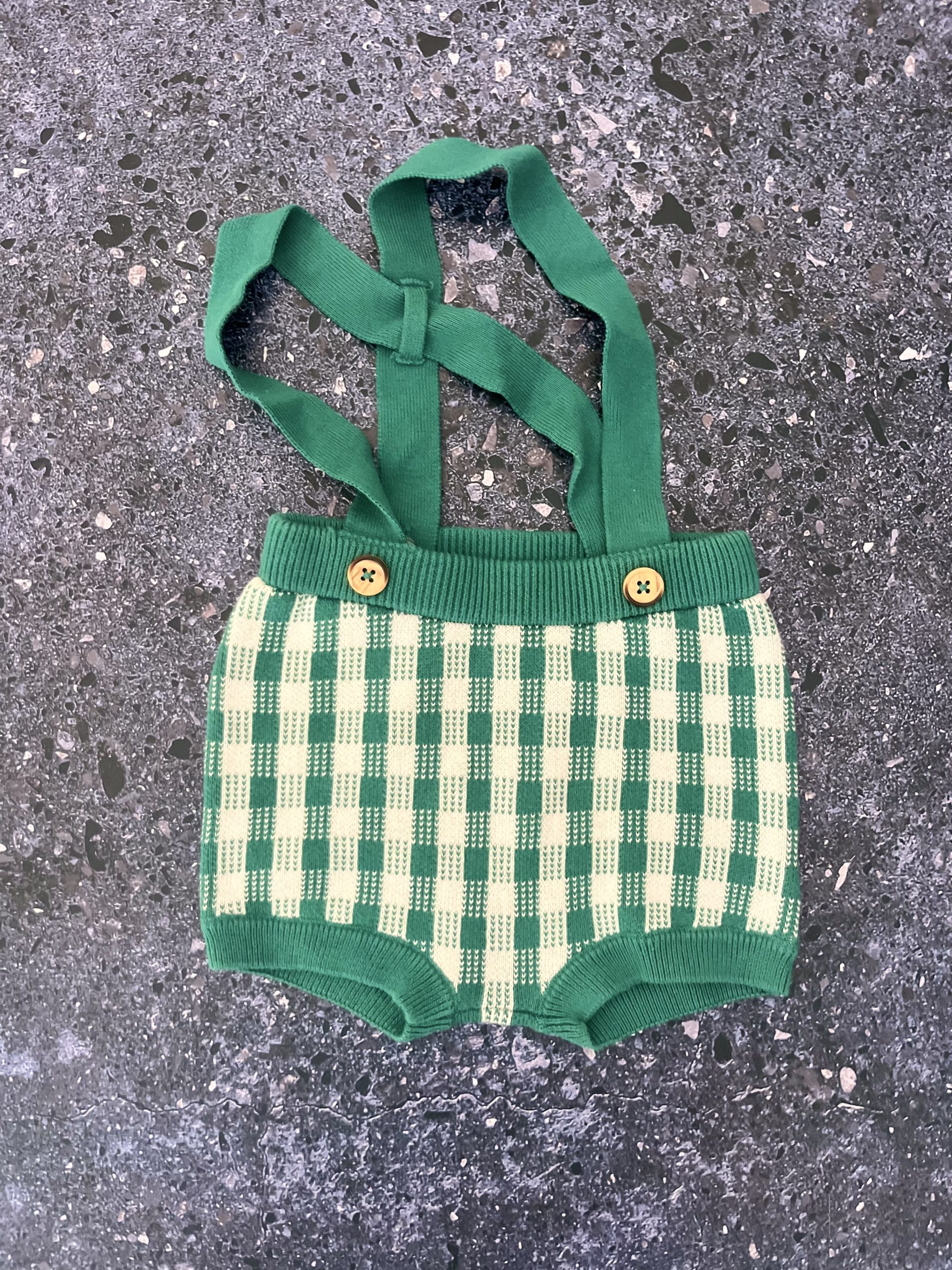 Cat & Jack green checked shorts with suspenders 3/6M