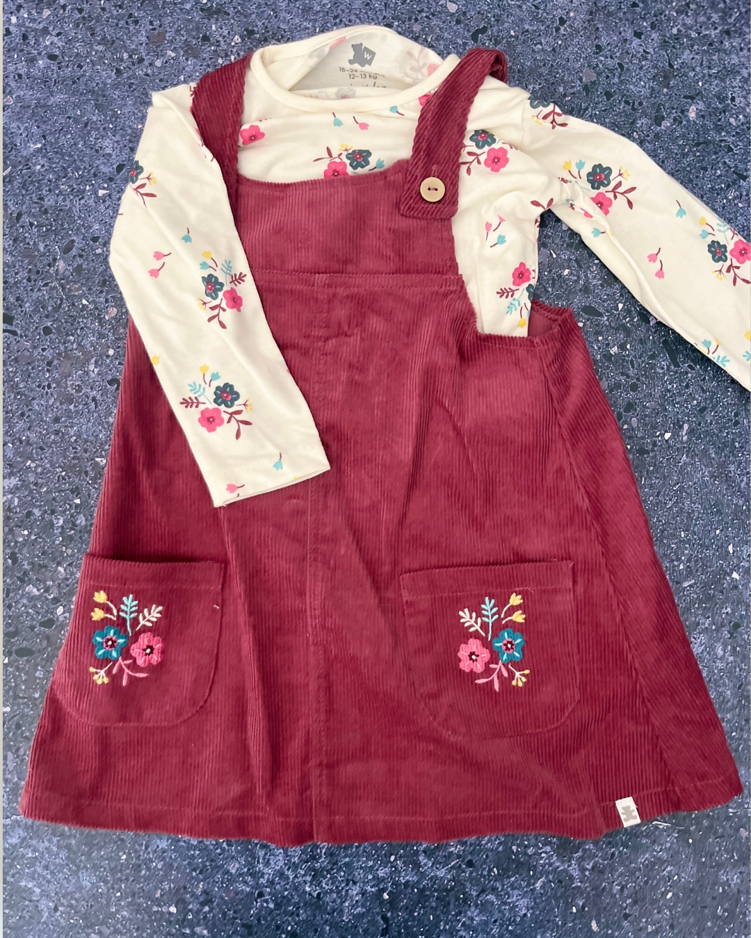 Woolworths white long sleeve flower top and purple corduroy dress 18/24M