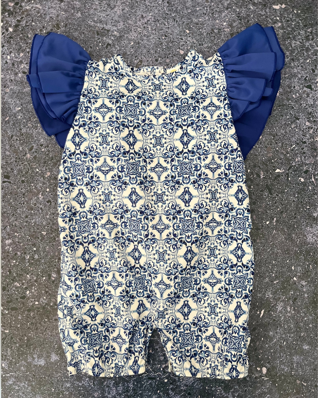 Hunny Bunny Boutique blue patterned swimming romper 2/3Y