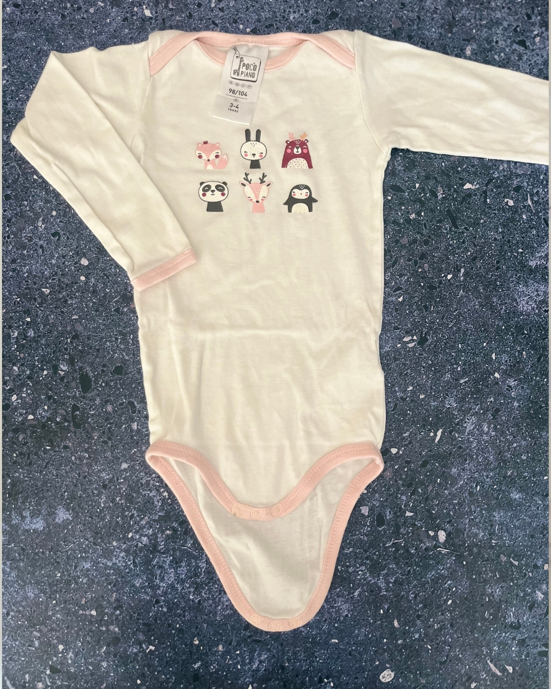 Poco Pianos white and pink forest animal baby grow 3/4Y