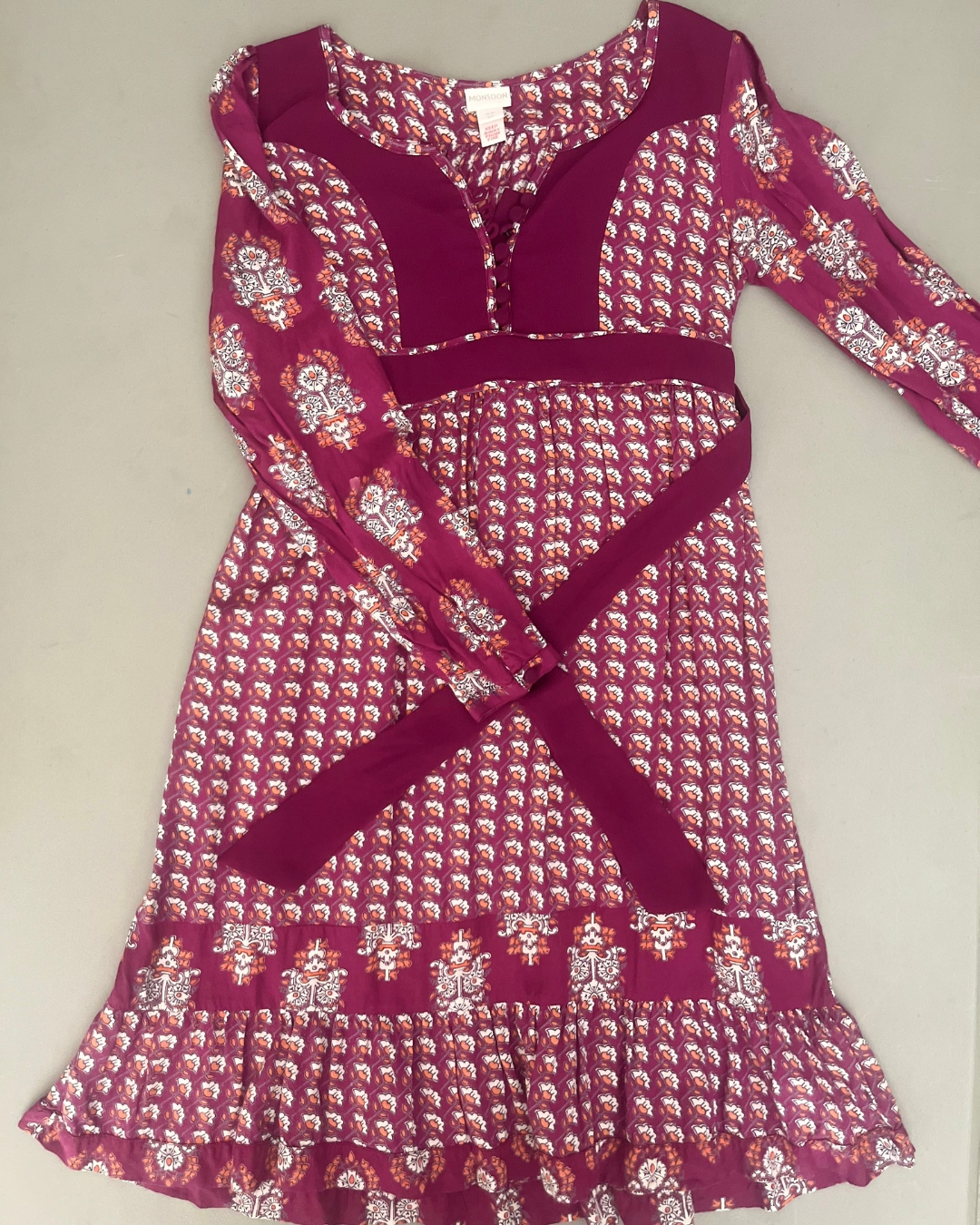 Monsoon purple patterned dress 11/12Y