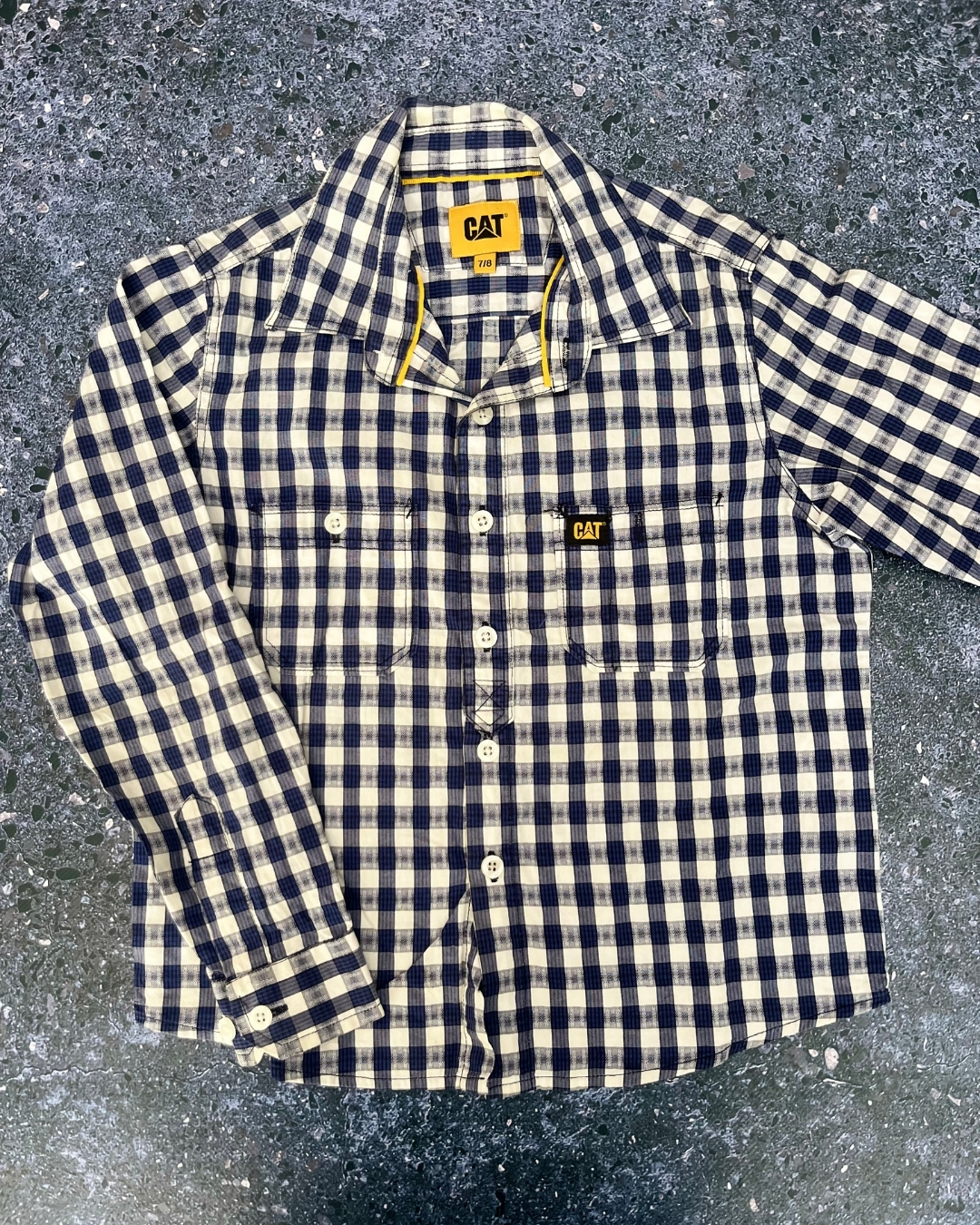 Cat blue and white checked collared shirt 7/8Y
