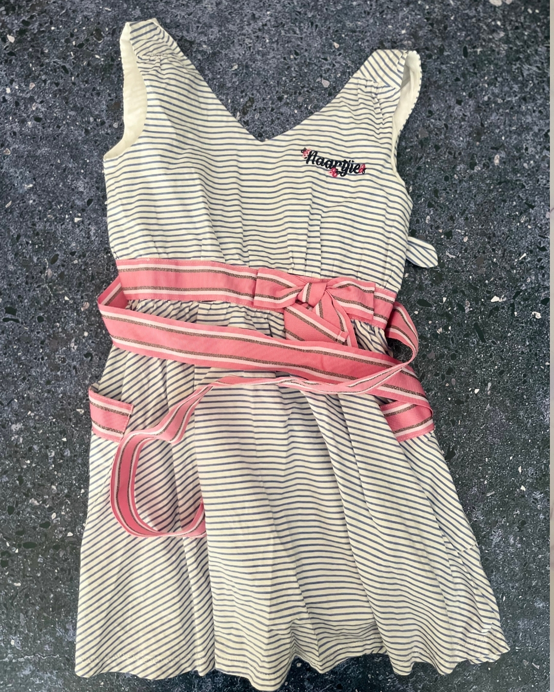 Naartjie blue and white striped dress with pink belt 4/5Y