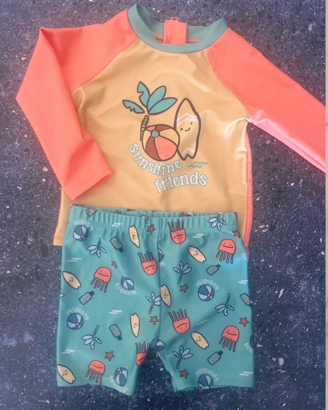 Woolworths yellow, orange and green Sunshine Friends swimming costume 12/18M