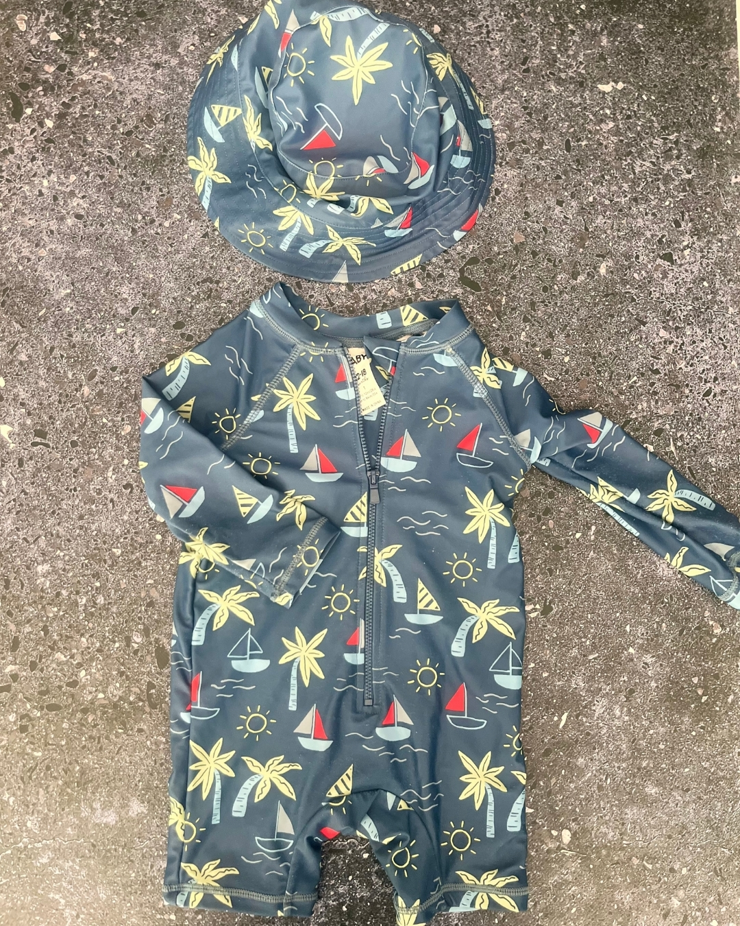 Cotton On blue sailing swimming costume and hat 12/18M