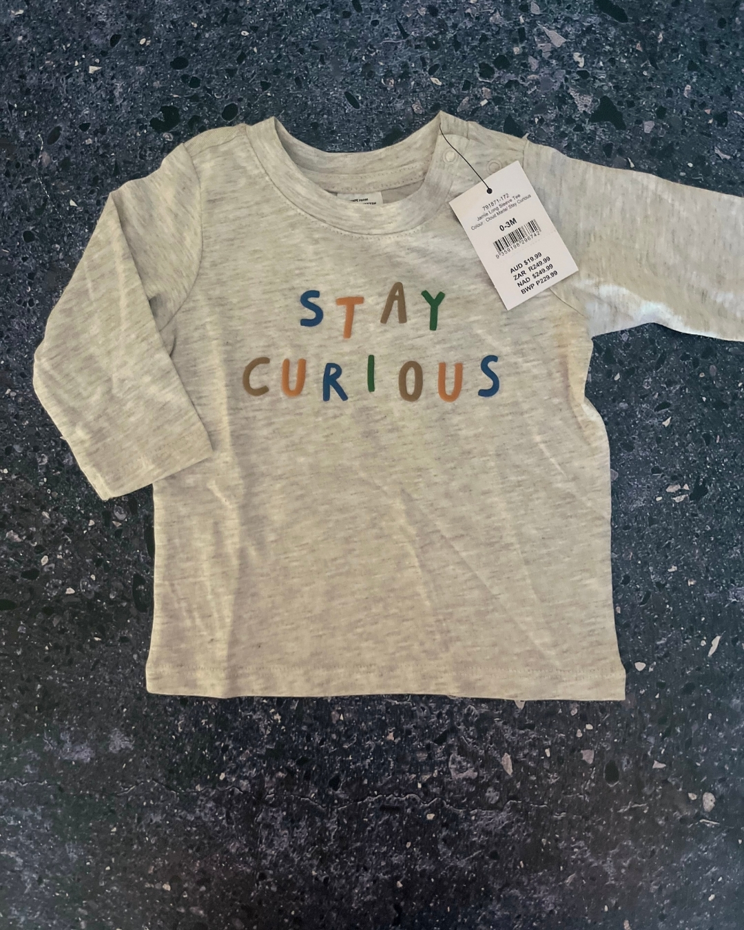 *NEW* Cotton On grey Stay Curious long sleeve T-shirt 0/3M