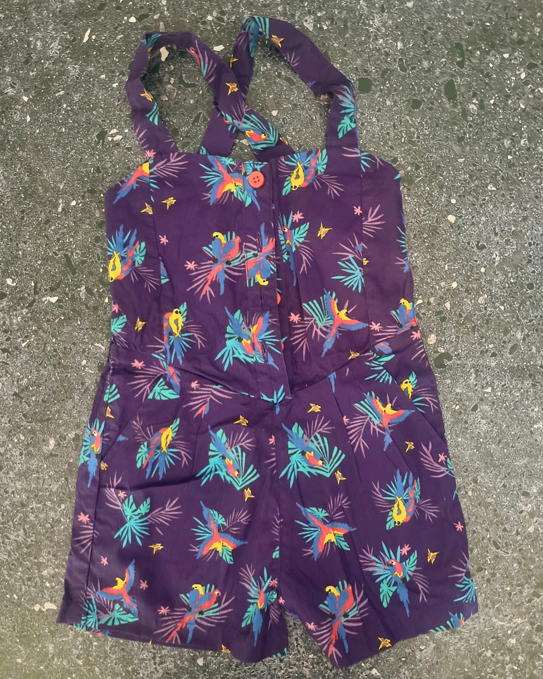 John Lewis purple macaw romper 4Y